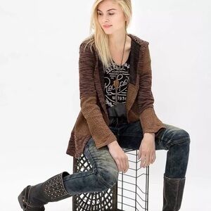 Gimmicks by BKE Brown Black Patchwork Cardigan With Lace Hood Women’s Sz Medium